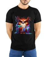 Cozy Grumpy Owl Coffee Art Tee Cute Funny Morning Mood - model wearing black tee with hands behind back