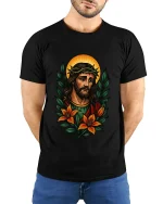 Sacred Jesus Portrait Art Tee Floral Religious Illustration - model wearing black tee with hands behind back