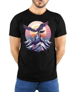 Majestic Eagle Mountain Art Tee Freedom Nature Adventure Style - model wearing black tee with hands behind back