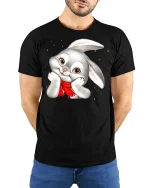 Cute Shy Bunny Cartoon Art Tee Sweet Blush Adorable Style - model wearing black tee with hands behind back