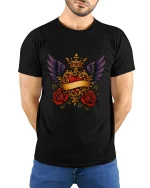 Royal Winged Heart Rose Art Tee Elegant Gothic Symbol Style - model wearing black tee with hands behind back