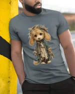 Vintage Cute Puppy Doll Art T Shirt Whimsical Storybook Style - model wearing grey tee, leaning on column