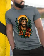 Sacred Jesus Portrait Art Tee Floral Religious Illustration - model wearing grey tee, leaning on column