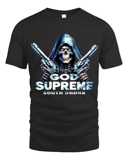 God Supreme South Bronx Skull Guns Street Graphic Tee - black t-shirt on white background
