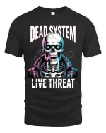 Dead System Live Threat Cyber Skull Street Graphic Tee - black t-shirt on white background