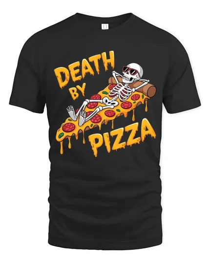 Death By Pizza Funny Skeleton Graphic Street Food Lover Tee - black t-shirt on white background
