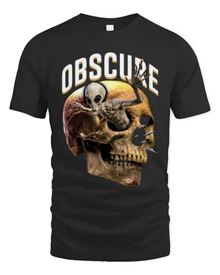 Obscure Alien Emerging Skull Dark Surreal Horror Graphic Tee - black t-shirt on white background