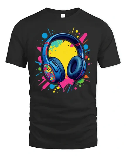 Color Splash Headphones Music Lover Bold Graphic Tee - black t-shirt on white background