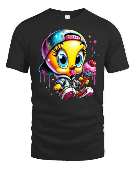 Cute Ice Cream Chick Cartoon Street Art Graphic Tee - black t-shirt on white background