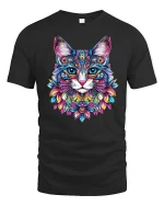 Colorful Mandala Cat Art Psychedelic Floral Graphic Tee - black t-shirt on white background