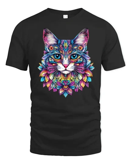 Colorful Mandala Cat Art Psychedelic Floral Graphic Tee - black t-shirt on white background