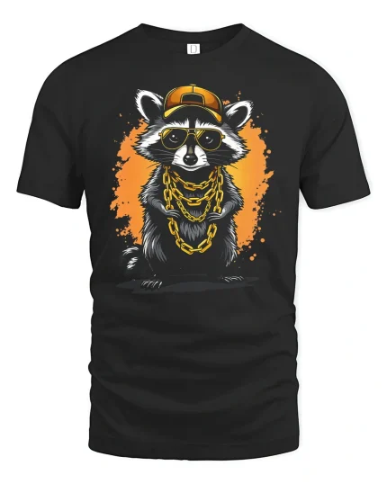 Cool Raccoon Hip Hop Style Gold Chain Street Art Graphic Tee - black t-shirt on white background