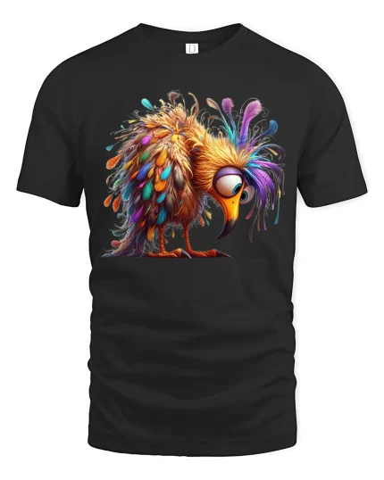 Funny Colorful Fluffy Bird Cartoon Art Graphic Tee - black t-shirt on white background