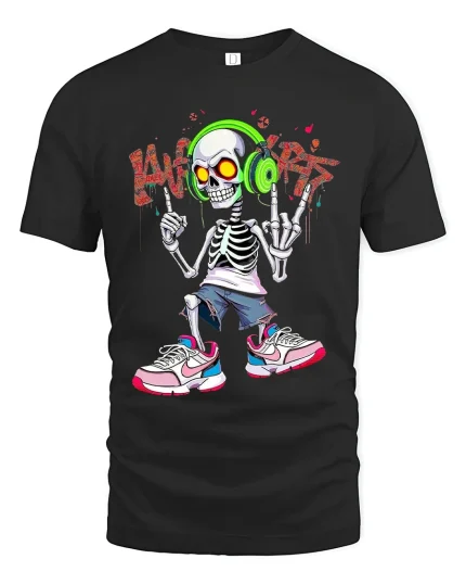 Rock Hand Skeleton DJ Headphones Street Art Cartoon Tee - black t-shirt on white background
