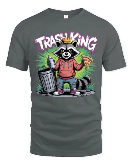 Trash King Raccoon Pizza Street Art Funny Graphic Tee - gray t-shirt on white background