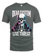 Dead System Live Threat Cyber Skull Street Graphic Tee - gray t-shirt on white background