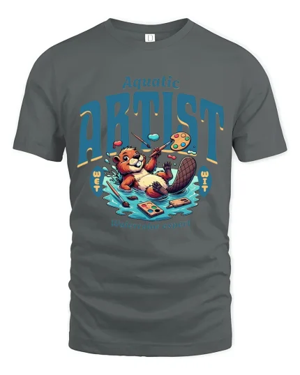 Aquatic Artist Otter Watercolor Cartoon Art Tee Creative Fun - gray t-shirt on white background