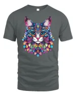 Colorful Mandala Cat Art Psychedelic Floral Graphic Tee - gray t-shirt on white background