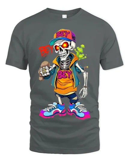 BEY Street Skeleton Cartoon Graphic Tee Urban Hip Hop Vibes - gray t-shirt on white background