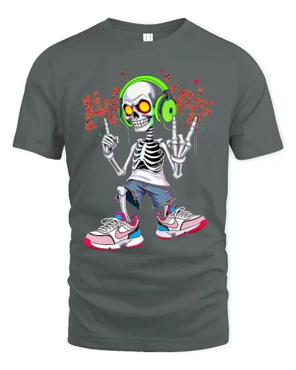Rock Hand Skeleton DJ Headphones Street Art Cartoon Tee - gray t-shirt on white background
