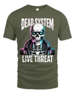 Dead System Live Threat Cyber Skull Street Graphic Tee - military green t-shirt on white background