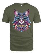 Colorful Mandala Cat Art Psychedelic Floral Graphic Tee - military green t-shirt on white background