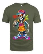 BEY Street Skeleton Cartoon Graphic Tee Urban Hip Hop Vibes - military green t-shirt on white background