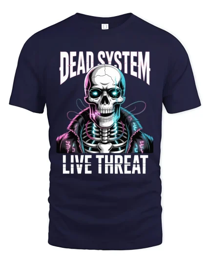 Dead System Live Threat Cyber Skull Street Graphic Tee - navy t-shirt on white background
