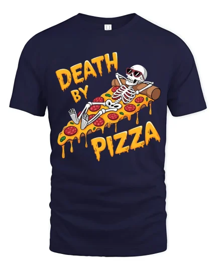 Death By Pizza Funny Skeleton Graphic Street Food Lover Tee - navy t-shirt on white background