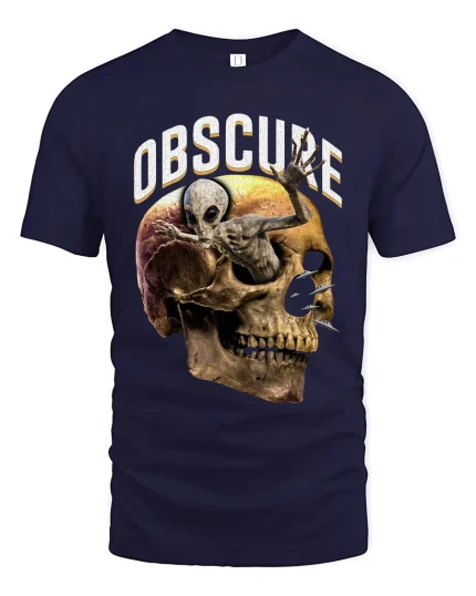 Obscure Alien Emerging Skull Dark Surreal Horror Graphic Tee - navy t-shirt on white background