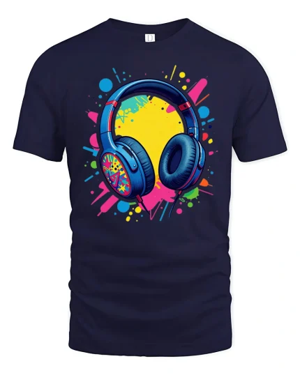 Color Splash Headphones Music Lover Bold Graphic Tee - navy t-shirt on white background