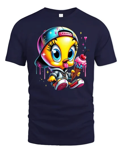 Cute Ice Cream Chick Cartoon Street Art Graphic Tee - navy t-shirt on white background