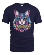 Colorful Mandala Cat Art Psychedelic Floral Graphic Tee - navy t-shirt on white background