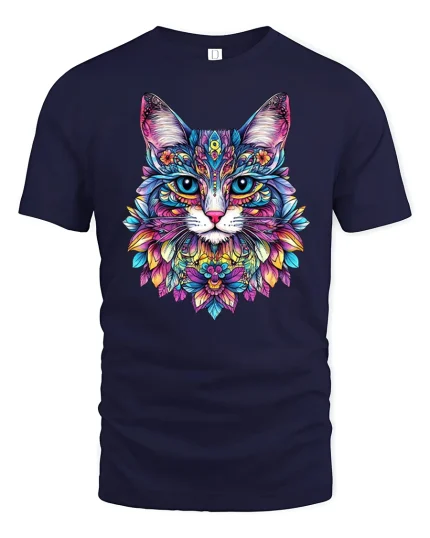 Colorful Mandala Cat Art Psychedelic Floral Graphic Tee - navy t-shirt on white background