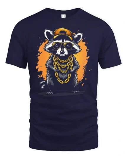 Cool Raccoon Hip Hop Style Gold Chain Street Art Graphic Tee - navy t-shirt on white background
