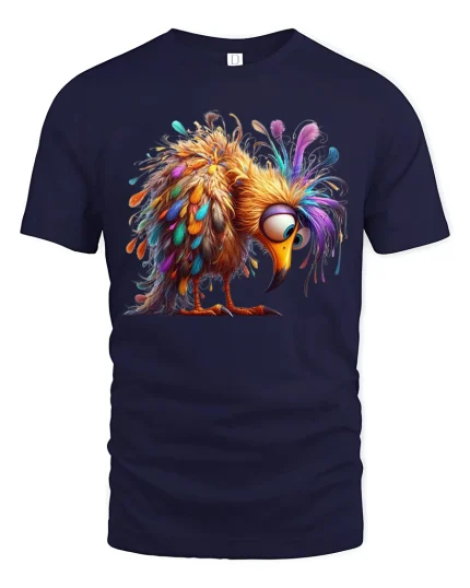 Funny Colorful Fluffy Bird Cartoon Art Graphic Tee - navy t-shirt on white background