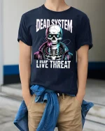 Dead System Live Threat Cyber Skull Street Graphic Tee - model wearing navy tee with hands in pockets