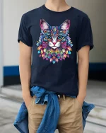 Colorful Mandala Cat Art Psychedelic Floral Graphic Tee - model wearing navy tee with hands in pockets