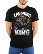Laughing King Wolf Street Style Urban Graphic Tee - model wearing black tee with hands behind back