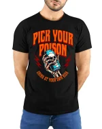 Pick Your Poison Skull Drink Dark Humor Graphic Tee - model wearing black tee with hands behind back
