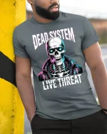 Dead System Live Threat Cyber Skull Street Graphic Tee - model wearing grey tee, leaning on column
