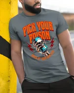 Pick Your Poison Skull Drink Dark Humor Graphic Tee - model wearing grey tee, leaning on column