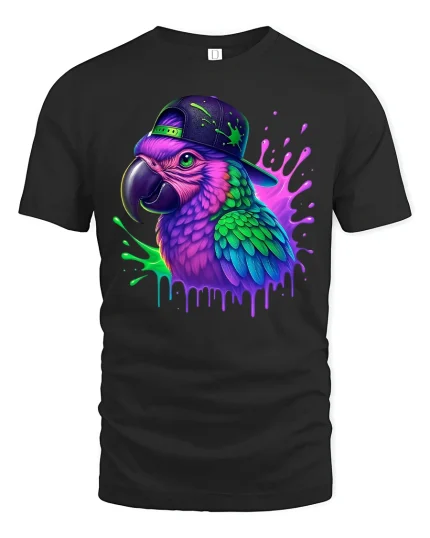 Neon Graffiti Parrot Street Art Graphic T Shirt Urban Style - black t-shirt on white background