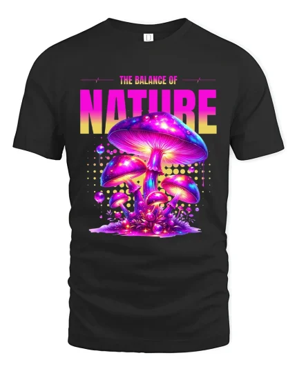 Balance of Nature Psychedelic Mushroom Graphic T Shirt Art - black t-shirt on white background