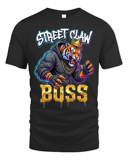 Street Claw Boss Tiger Graphic T Shirt Urban Power Style - black t-shirt on white background