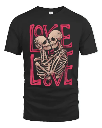 Love Is Love Skeleton Embrace Graphic T Shirt Dark Romance - black t-shirt on white background