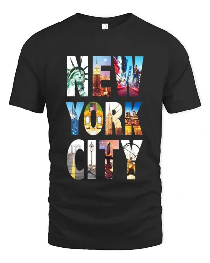 New York City Landmark Photo Typography Graphic T Shirt - black t-shirt on white background