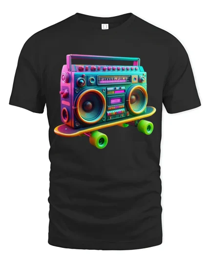 Retro Boombox Skateboard Graphic Tee Neon Music Style - black t-shirt on white background