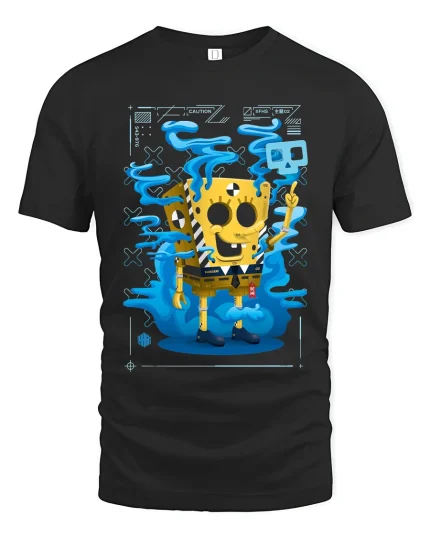 Funny Robot Warning Cartoon Graphic T Shirt Tech Chaos - black t-shirt on white background