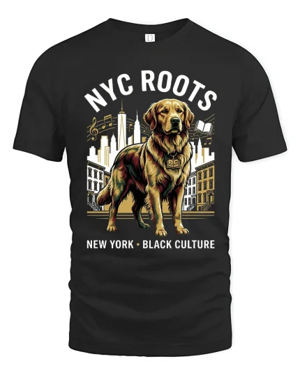 NYC Roots Golden Dog Graphic T Shirt Urban Culture Style - black t-shirt on white background